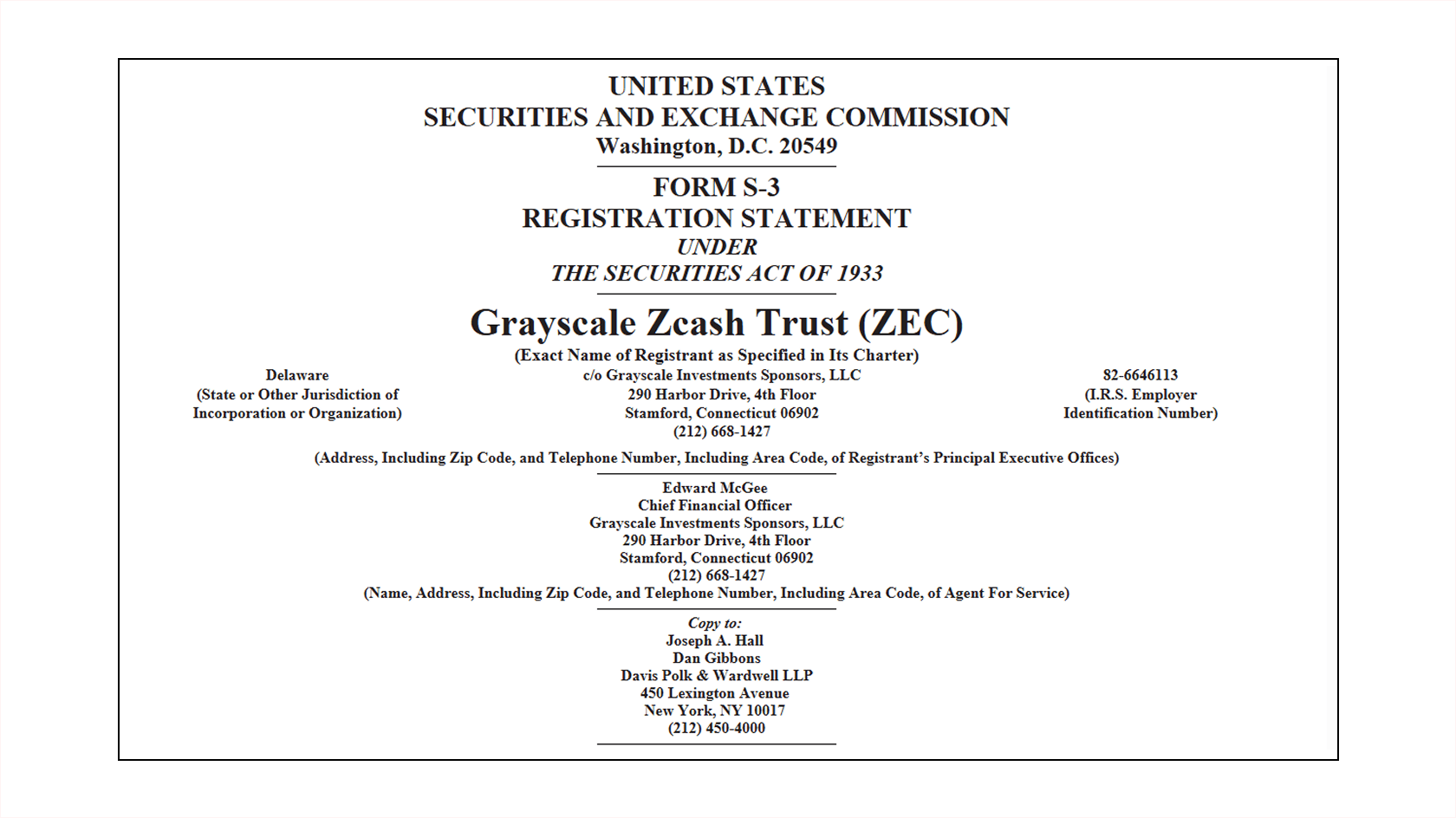 Заявка на запуск Zcash-ETF от Grayscale. Источник: SEC