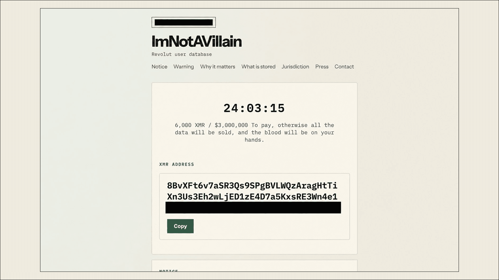Вымогательство и обратный отсчет. Источник: сайт группировки ImNotAVillain