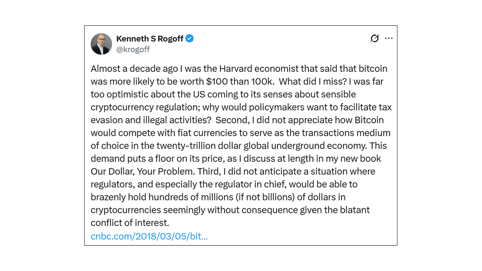 Кеннет Рогофф признал ошибку по прогнозу биткоина. Источник: @krogoff