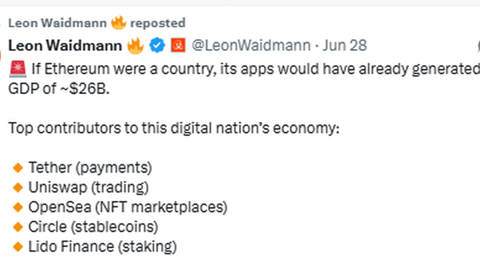 Скриншот поста Leon Waidmann в X о том, что приложения Ethereum могли бы сформировать ВВП $26 млрд // Источник: X (Twitter)