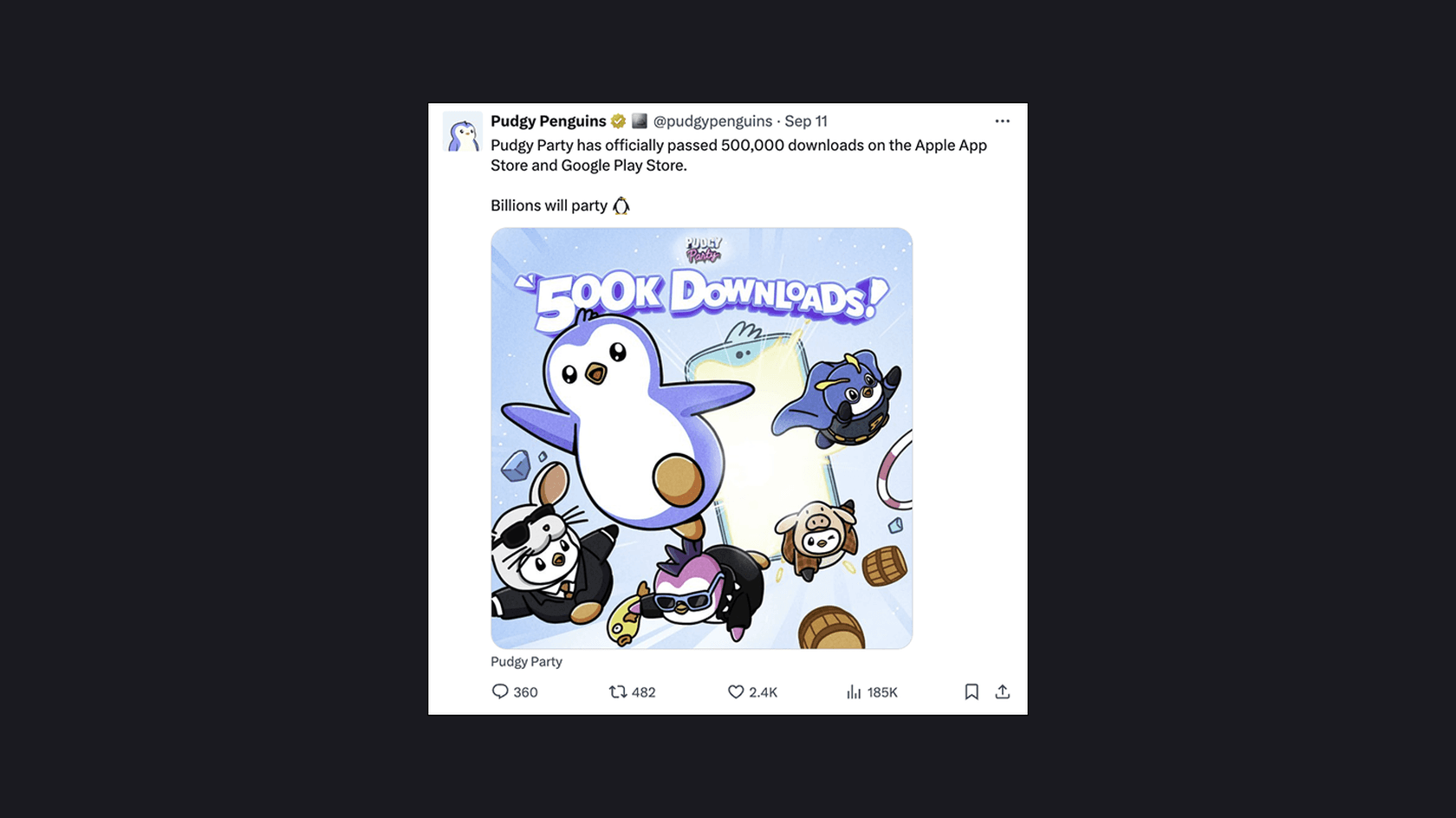 Игра Pudgy Party достигла более 500,000 загрузок. Источник: Х