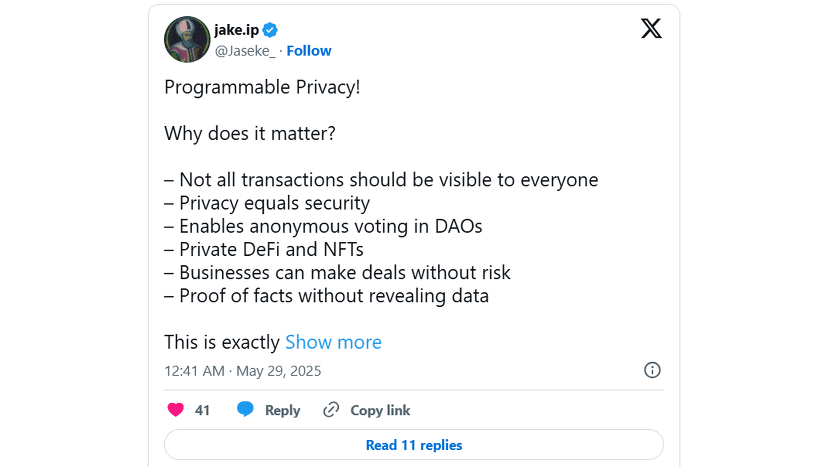 Обсуждение programmable privacy и её роли в DeFi и DAO // Источник: X (бывший Twitter)