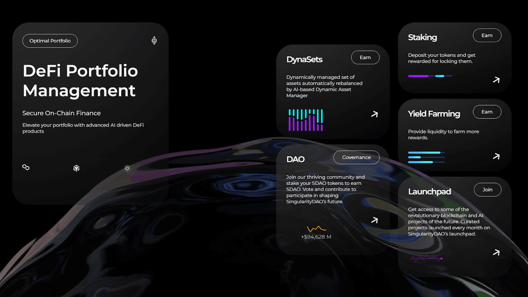 Интерфейс DeFi-платформы с модулями Staking, Yield Farming, DAO, Launchpad и AI DynaSets // Источник: Medium