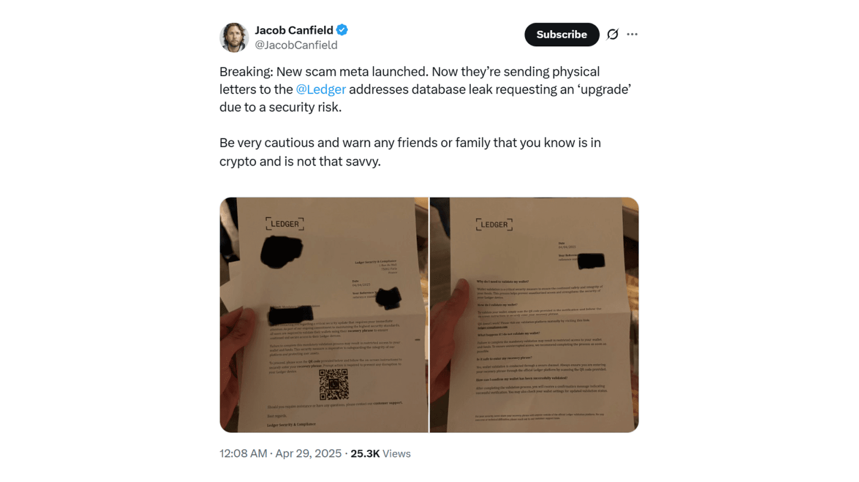 Мошенническое письмо от «Ledger». Источник: @JacobCanfield
