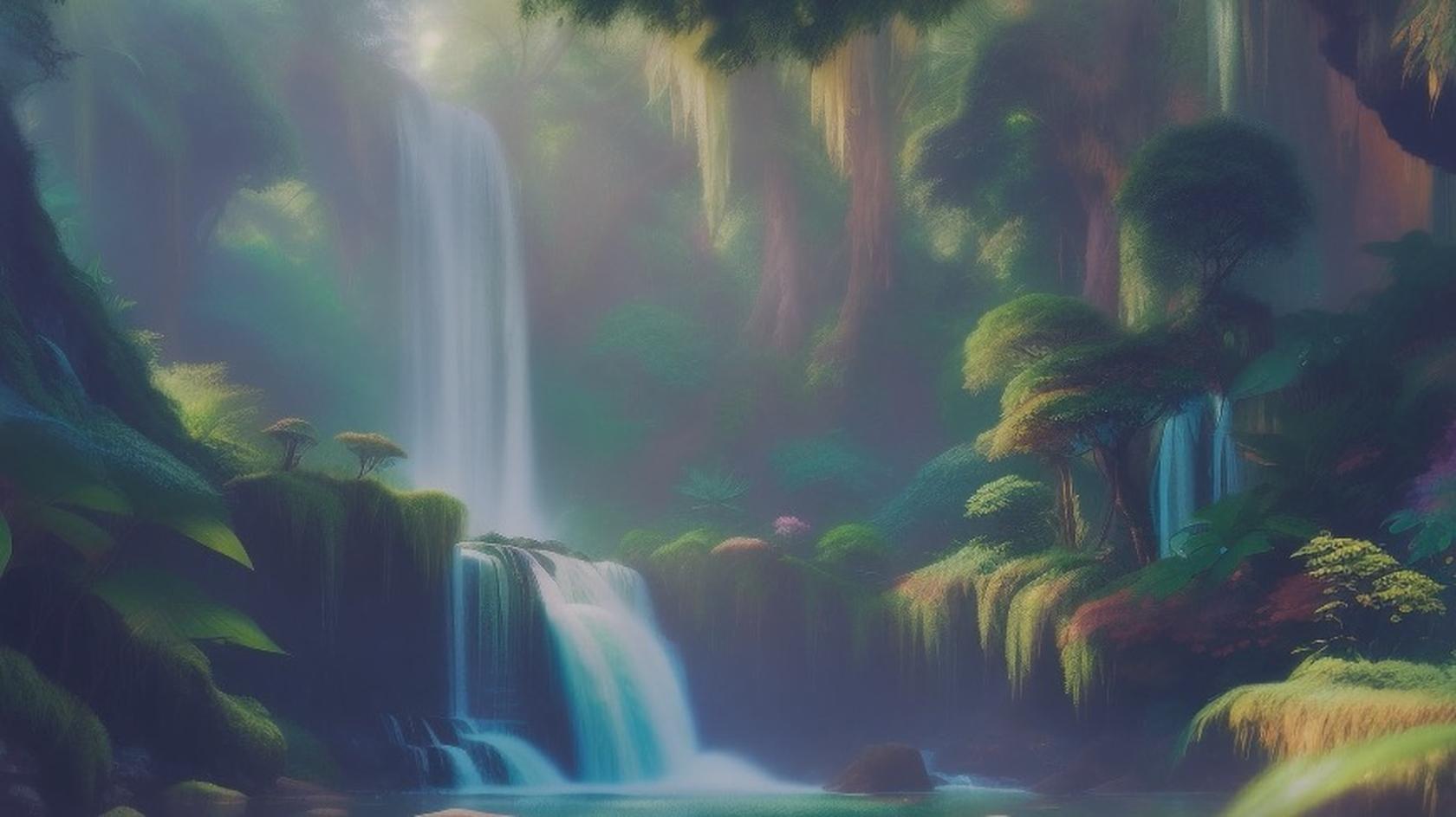 Источник: Кадр из видео, сгенерированного по запросу «Lush green jungle with a hidden waterfall, vibrant, digital painting» / genmo.ai