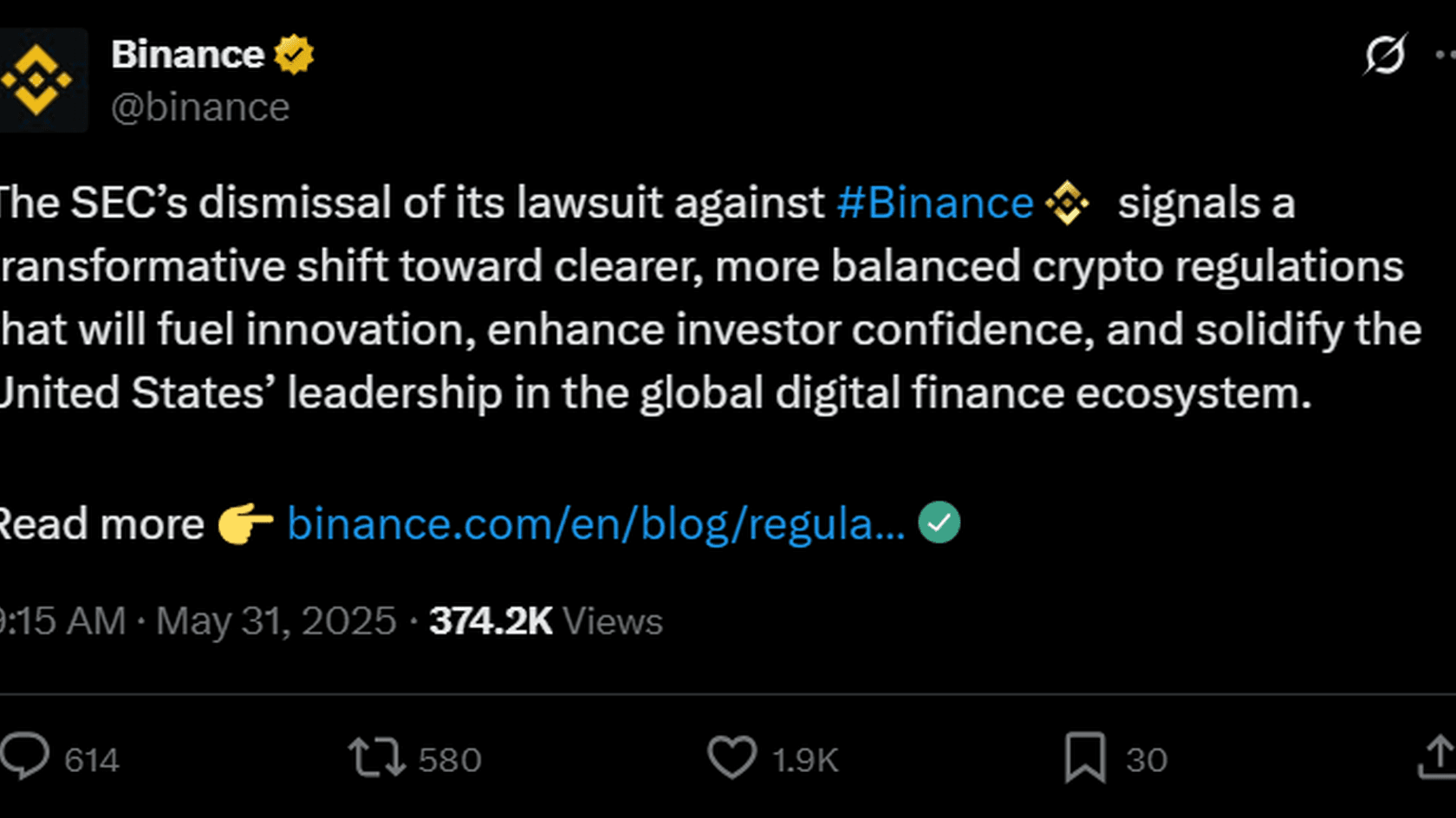 Binance приветствует отказ SEC от иска и ожидает обновления крипторегуляции // Источник: Аккаунт Binance в X