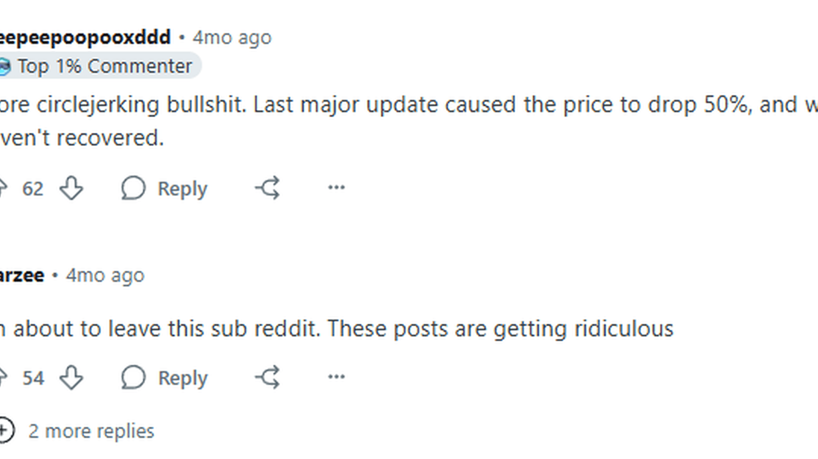 Скриншот комментариев на Reddit с критикой обновления сети и обсуждением падения цены криптовалюты // Источник: Reddit