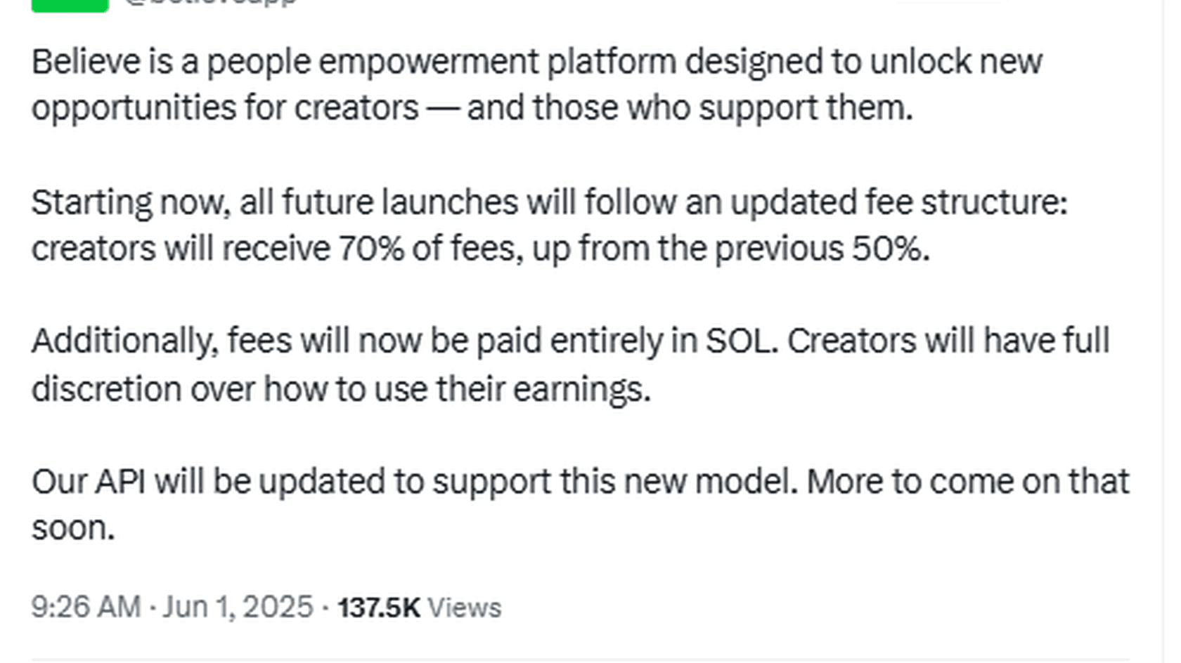 Believe поднимает долю создателей до 70% и переводит комиссии целиком в SOL // Источник: Аккаунт Believe в Х