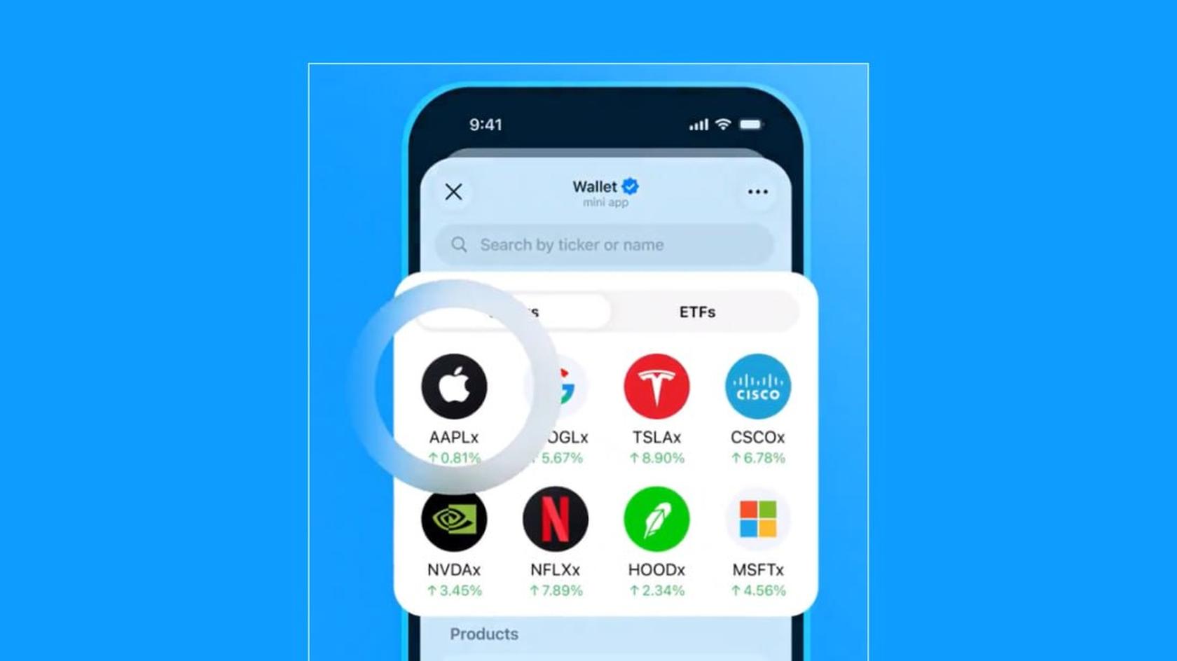 Интерфейс меню с покупкой акций. Источник - страница Telegram Wallet в X