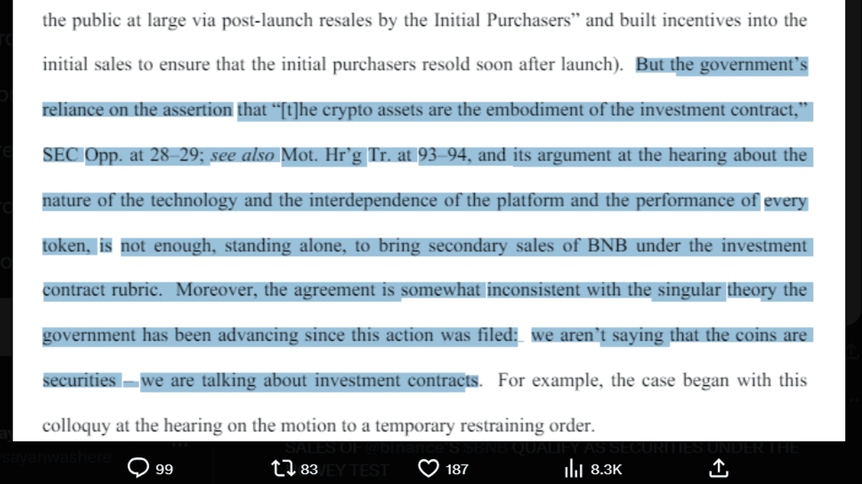 В выдержке из решения суд критикует аргументы правительства и подчёркивает, что речь идёт не о «ценных бумагах как токенах», а об инвестиционных контр