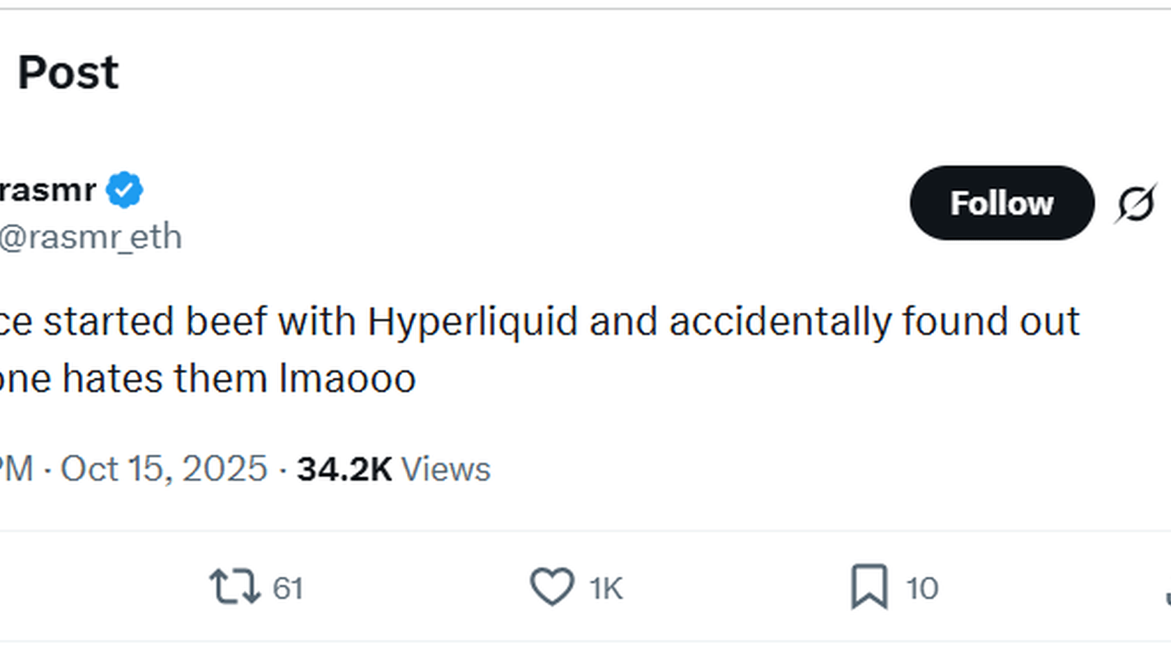 Реакция сообщества на конфликт между Binance и Hyperliquid // Источник: Аккаунт rasmr в социальной сети Х