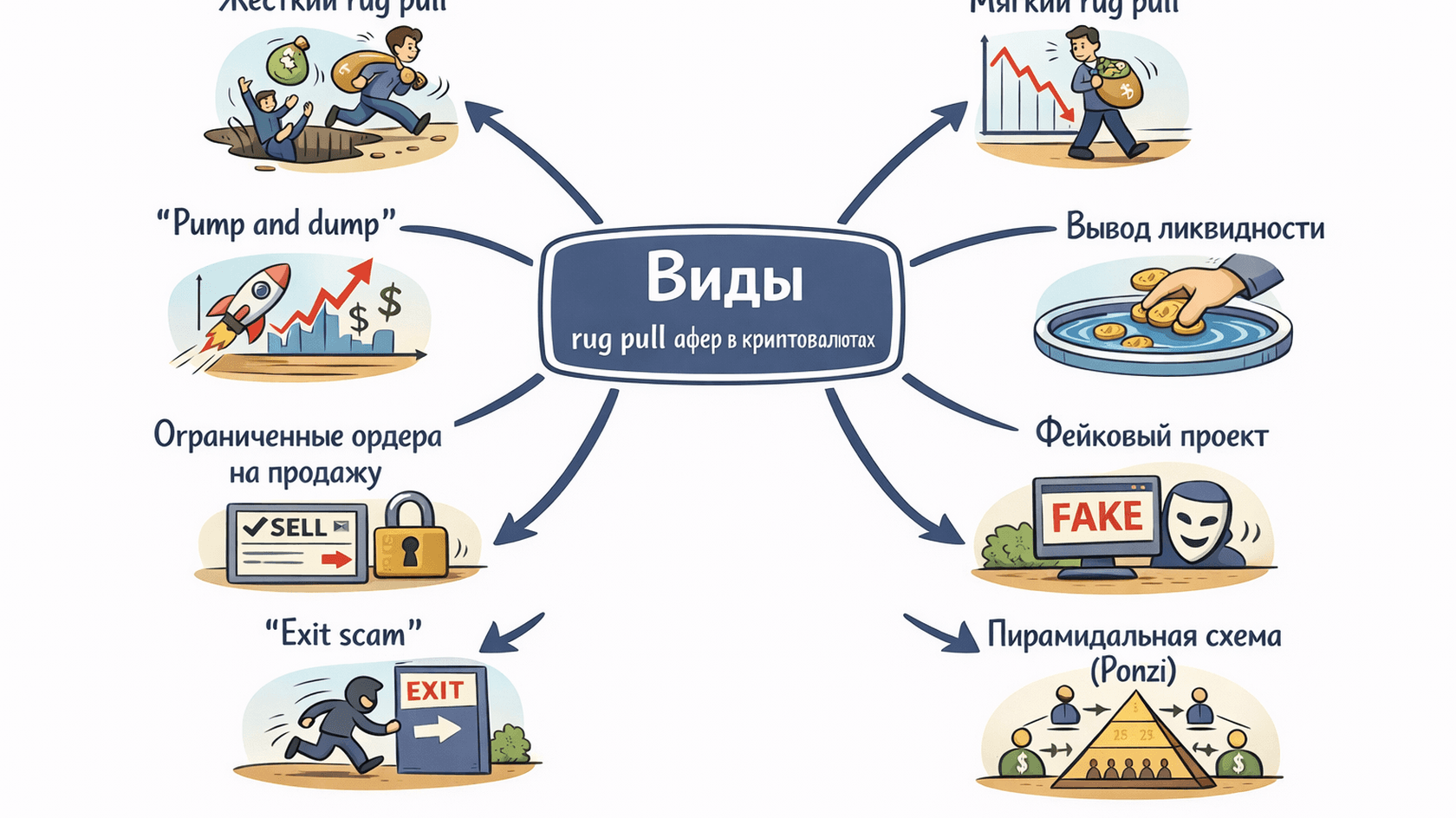 Виды rug pull афер в криптовалютах // Иллюстрация: Midjourney